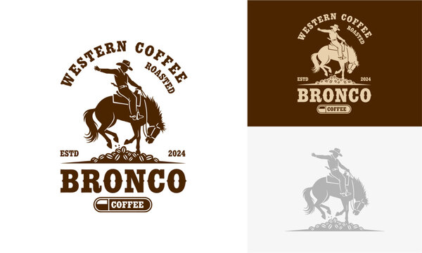 Vintage cowboy riding bronco illustration in western coffee branding, showcasing classic rodeo scene from different viewpoints