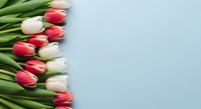 Tulips arrangement for mother's day on blue background