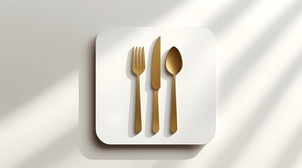 Minimalist matte gold fork and knife flat icon on a white square card with soft shadows