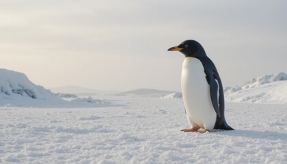Obraz premium Gentoo Penguin Standing on Snow-Covered Landscape in Antarctica During Daytime