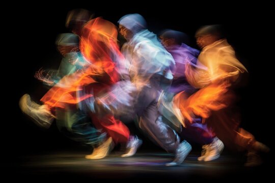 Contemporary dancers leap in motion blur at a performance event in modern dance studio