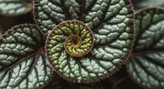 Macro shot of a Begonia leaf with a natural spiral pattern and textured surface. &bull; Nature's geometry: close-up of a green and silver leaf unfurling in a Fibonacci spiral.