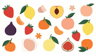 Modern Fruit Vector Illustration Set with Strawberry, Peach, Lemon, and Citrus Pattern Art