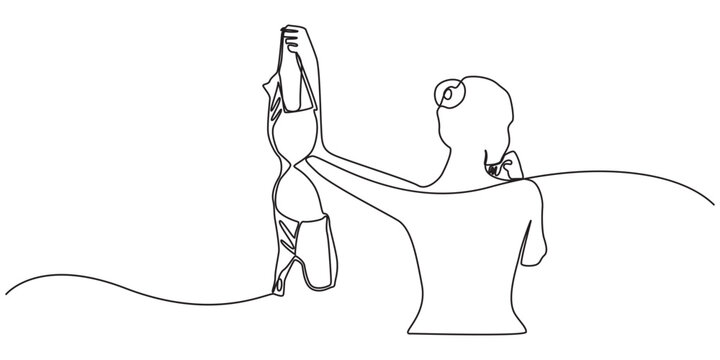 Continuous line art of Naked woman holds  bra in hand, Continuous Line Art Illustration of Nude Woman Holding Black Bra &ndash; Minimalist Female Figure Outline Concept