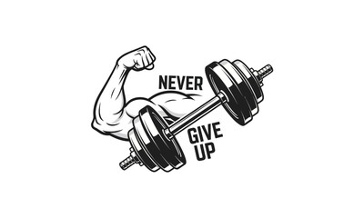 Fototapeta premium A muscular arm holding a dumbbell with a motivational quote, flexing, from a front viewpoint, in a bold illustration style
