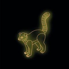 Neon glowing yellow ring tailed lemur contour walking on black background © ylivdesign