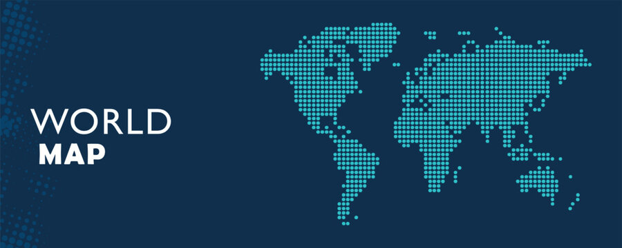 World Map Made of Dots on Dark Blue Background