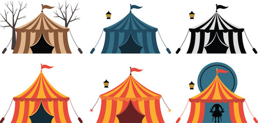 Set of colorful circus tent illustrations, carnival tents collection, flat vector design, festival amusement park icon set, graphic, branding, elements ©  Creative vectors