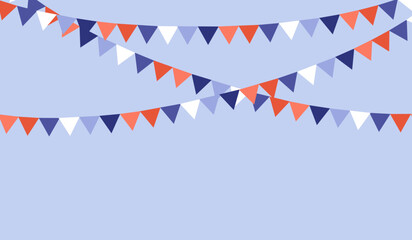 Minimal vector illustration of hanging bunting banners with triangular flags in blue, coral and white tones. Clean shapes and simple composition, suitable for celebration or decorative backgrou