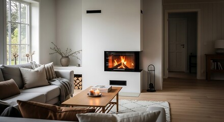 Fototapeta premium Cozy living room with fireplace and sofa near window