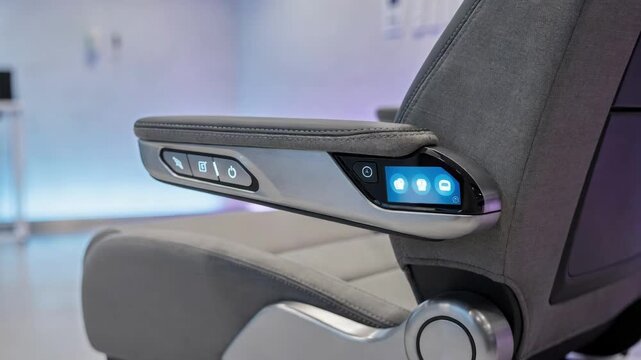 Medium shot focusing on test section smart seats vibration controls with ambient lighting softly blurred in the background emphasizing innovation in user experience.