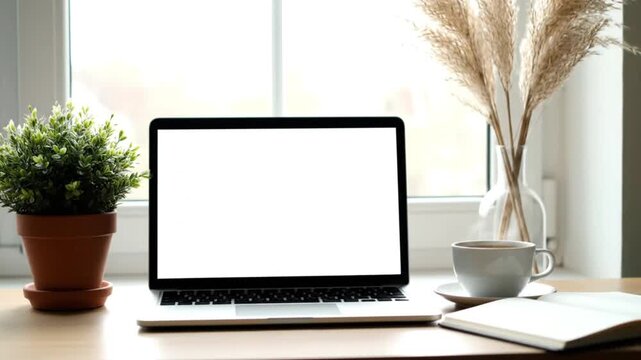 Cozy home office desk with laptop and pampas grass decoration in sunlight