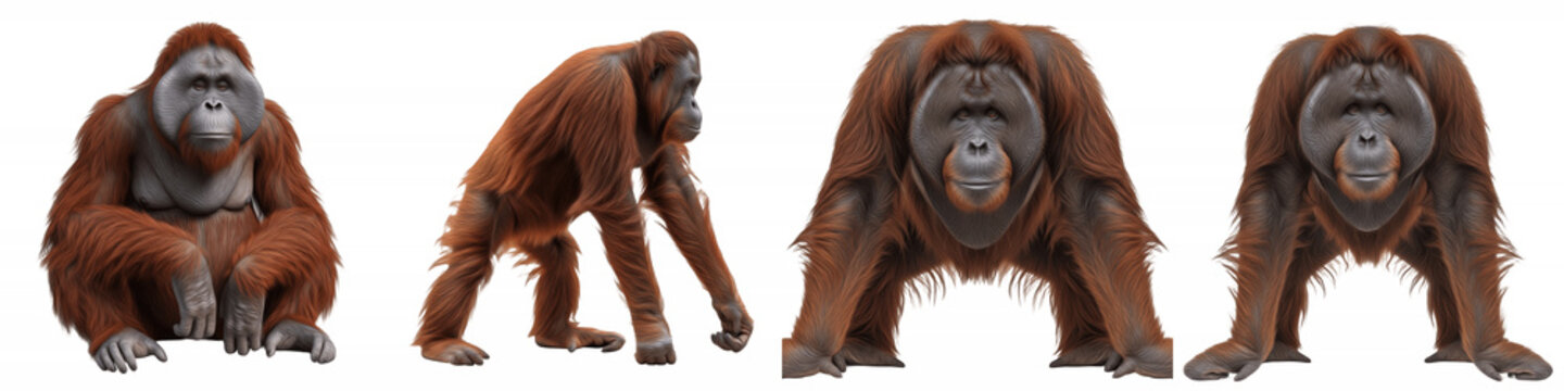 Title: Set of adult orangutans in various natural poses and angles isolated on white background