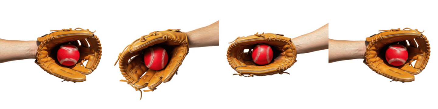 Hand wearing leather baseball mitt catching a red ball isolated on white background for sports