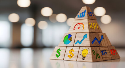 Wooden cube pyramid with KPI symbols, sharp focus foreground, soft blur background, performance evaluation concept
