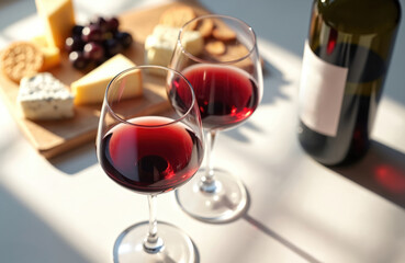 Naklejka premium Two glasses filled with red wine sit on a table. Beside them is a wooden board with assorted cheeses crackers and dark grapes. A bottle of wine stands nearby.