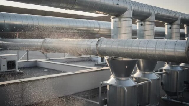 Overhead galvanized air ducts and cyclone separators in medium shot featuring sharp focus on dust particles drifting with blurred outdoor rooftop surroundings.