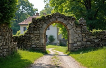 Naklejka premium Ancient stone archway leads to path through green grass field towards house. Crumbling wall with plants connects arch to gate. Rural landscape with trees.