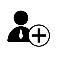 Add user icon. New member symbol. Vector person profile. Account plus emblem.