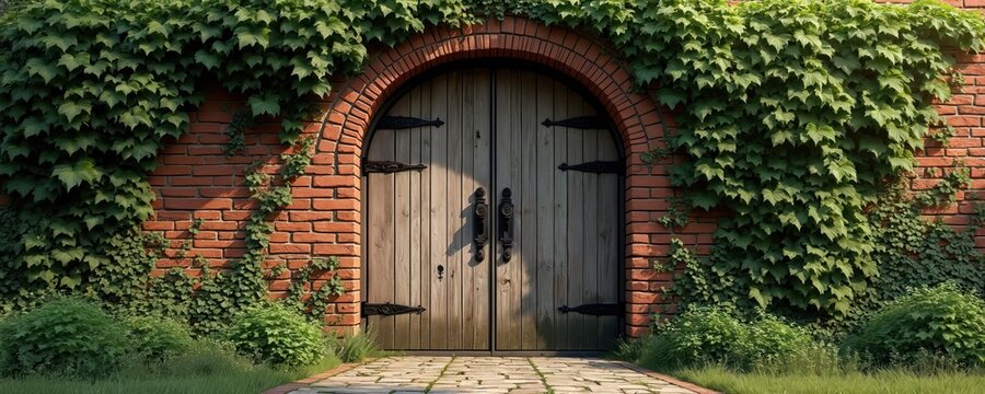 Old wooden gate covered with ivy on brick wall. Lush green plants grow around arched entrance. Stone path leads to rustic vintage doorway in garden.