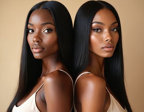 Two beautiful Black women with long straight hair, flawless skin stand back to back. Wear simple tank tops. Makeup subtle yet glamorous. Radiant skin glows under soft studio lighting, features.
