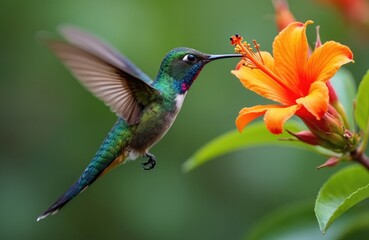 Fototapeta premium Small hummingbird hovers near orange hibiscus flower drinking nectar. Tiny bird with iridescent green body and long beak flaps wings fast. Wild creature in tropical jungle.