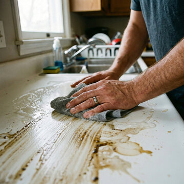A person wipes a dirty kitchen countertop with a cloth, removing spills and stains as part of everyday cleaning and hygiene