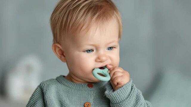 A close-up shot of a beautiful baby with striking blue eyes, wearing a soft teal sweater and chewing on a silicone teething ring. The infant looks curiously while soothing their gums.