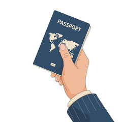 Hand holding a blue passport with a world map design
