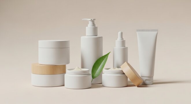 Assorted white cosmetic products with green leaf on beige background for skincare and beauty concepts