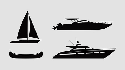a minimalist depiction showcases a black silhouette of a sailboat a motorboat a kayak and a luxury yacht all against a white background high quality professional