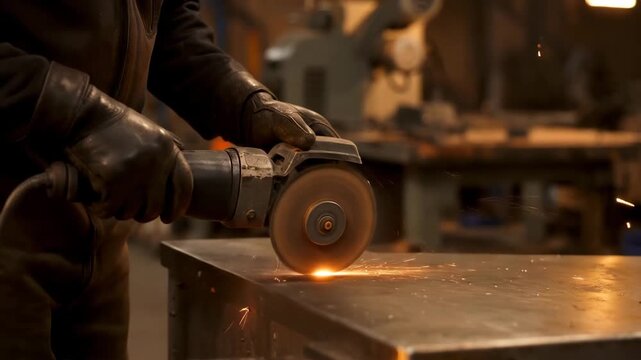 Man in a workshop using an angle grinder on a metal sheet
