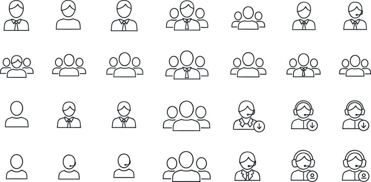 User Profile and Team Line Art Icon Set with People Avatars Groups Support and Business Roles