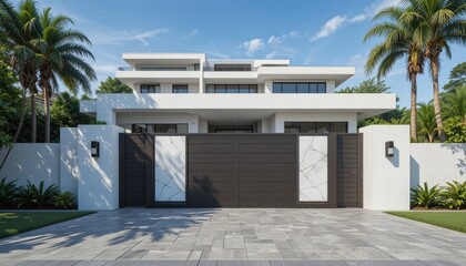 Fototapeta premium Modern House With Large Windows and Palm Trees on a Sunny Day in a Quiet Neighborhood