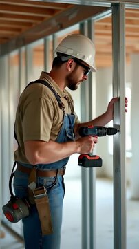 A focused construction worker, dressed in a hard hat, safety glasses, and overalls, is diligently using a cordless drill to fasten metal studs for interior framing on a job site.
