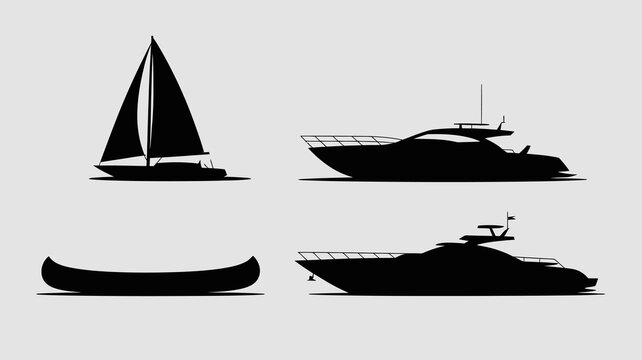 a minimalist depiction showcasing silhouettes of a sailboat a motor yacht a canoe and a smaller speed boat on a neutral gray background high quality professional
