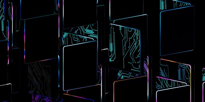 Futuristic abstract 3D render of 3D blocks with glowing RGB edges and a luminous circuit board pattern, AI and data transfer concept