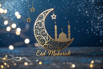 Golden crescent moon and mosque silhouette with 'eid mubarak' text, sparkling blue background.