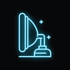 Fototapeta premium Turquoise neon icon of a satellite dish receiving signals, glowing brightly against a dark background