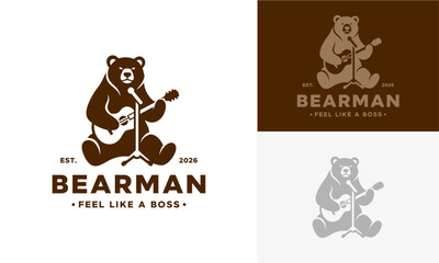 Illustration of a bear playing guitar on different backgrounds from various viewpoints