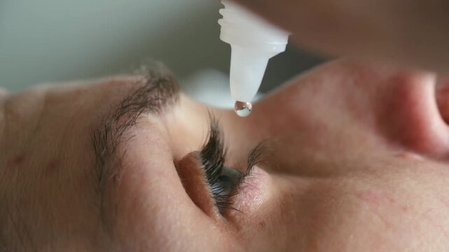 Close up person instilling moisturizing eye drops from bottle, treat dry eyes, irritation, or allergies, promoting ocular health, providing immediate relief. Woman applying eye drops for irritation