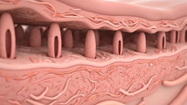 3D Visualization of Skin Layers: Epidermis to Dermis Transition with Hair Follicles