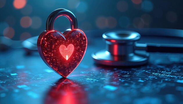 Heart shaped lock and stethoscope symbolize patient data security. Digital circuit board background shows health tech innovation. Protect medical info with secure systems.