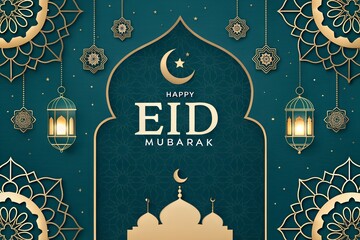 Elegant eid mubarak greeting card with golden crescent moon, mosque, and lanterns on a teal background
