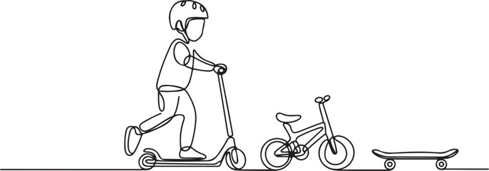 Boy in a protective helmet on a scooter with tricycle and skateboard set one line art.one line victor illustration in white Background © MstMoushumi