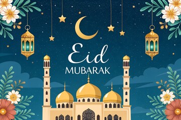 Beautiful illustration for eid mubarak featuring a mosque, crescent moon, stars, and floral decorations