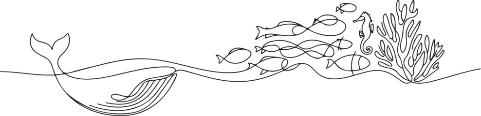 Obraz premium continuous ocean sea life art.one line victor illustration in white Background