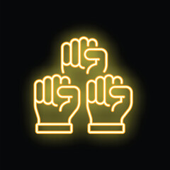 Glowing neon icon of three fists raised up in the air, a symbol of solidarity, strength, and resistance © ylivdesign