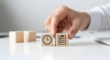 wooden blocks with clock and checklist icons, clean desk scene, shallow depth of field, blurred background