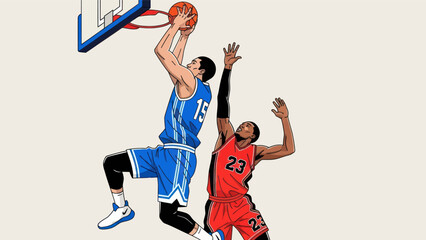 Basketball player in action slam dunk illustration over white background © dadaguson